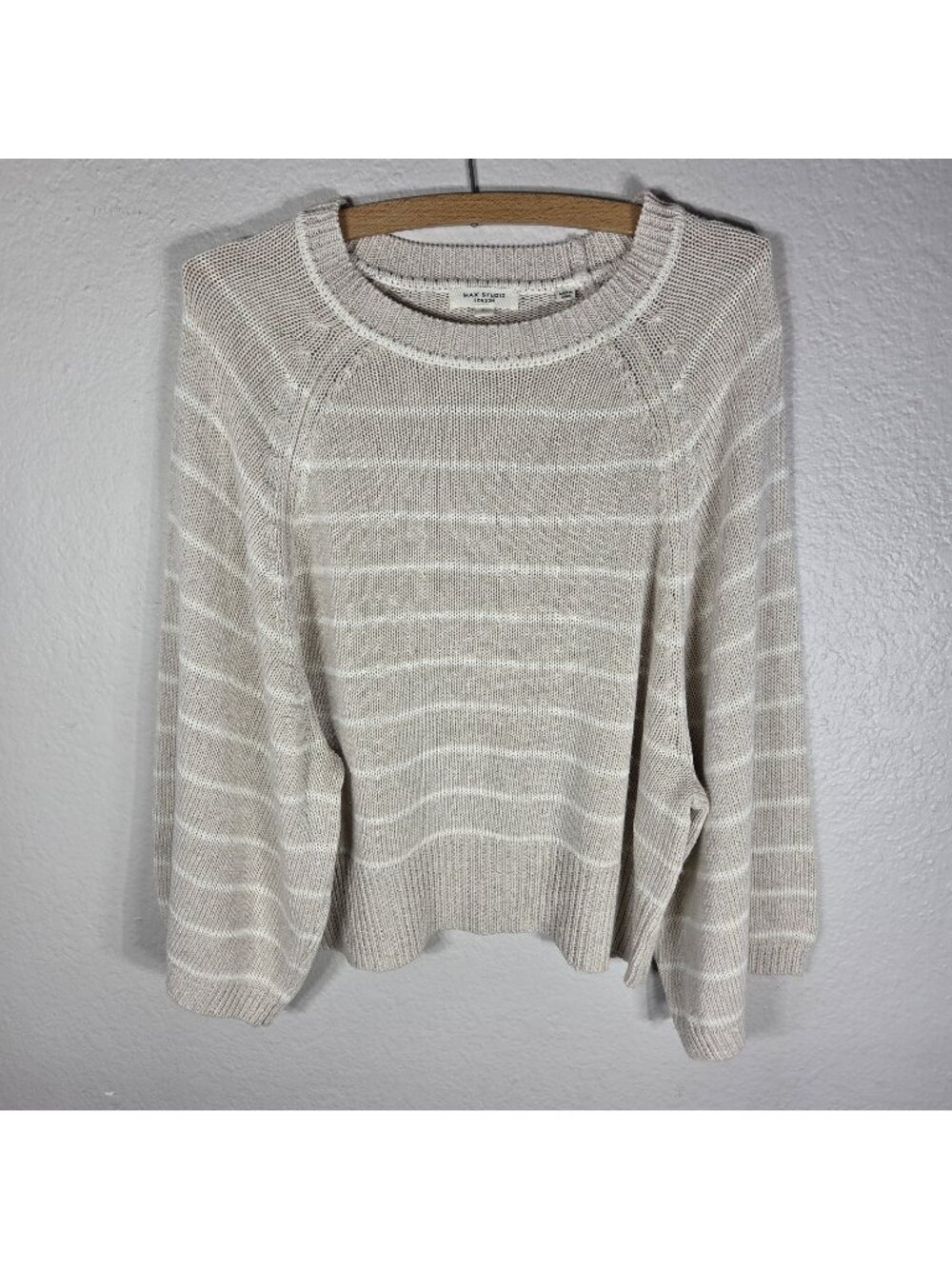 Max Studio Sweater Cream L Striped Linen Blend Knit Sweater Wide 3/4 Sleeve